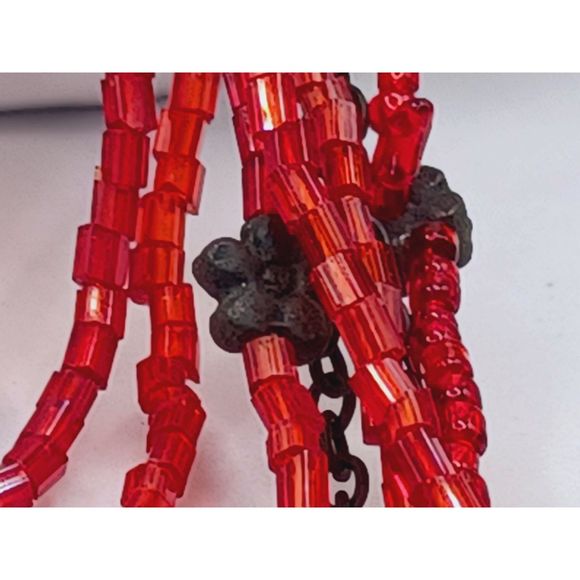 Vintage Multi Strand Layered Red Seed Beads and Bronze Color Flower Necklace - Picture 3 of 9